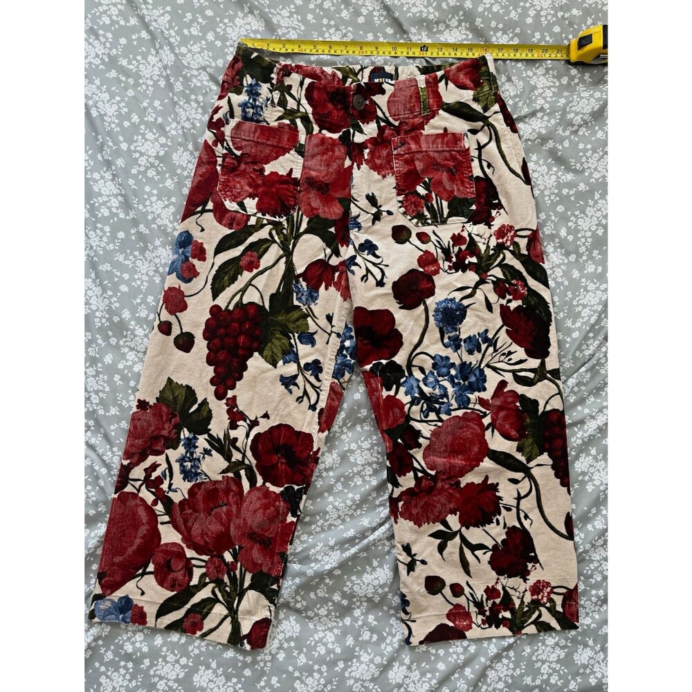 Anthropologie Maeve The Colette Corduroy Pants 32 Floral Wide Leg Crop Red Roses